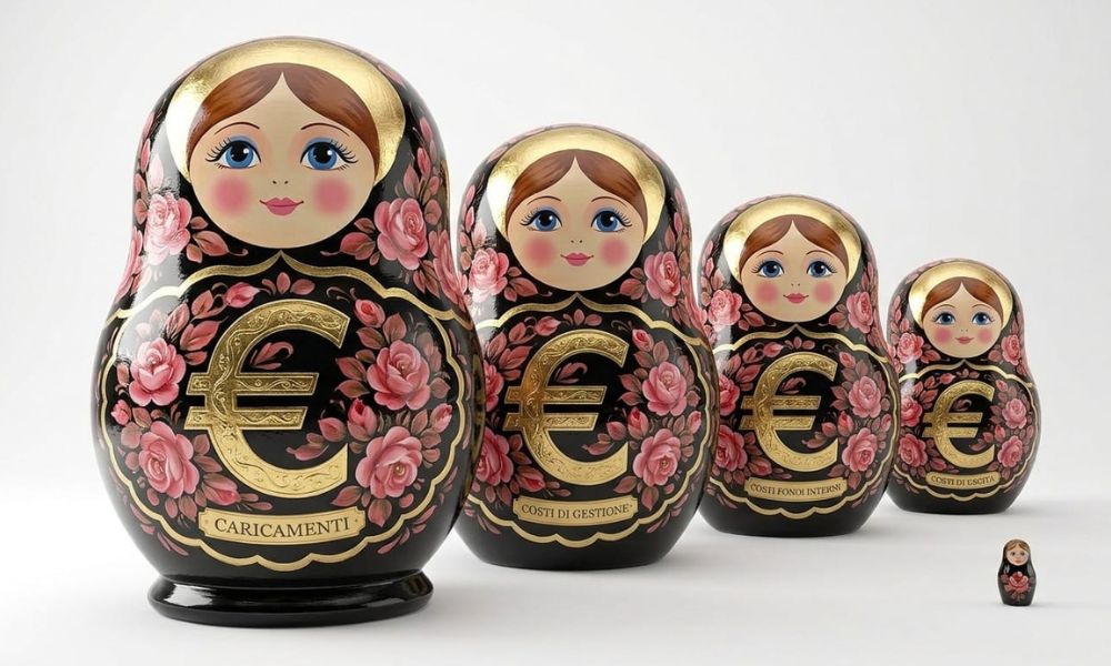 Bambole matrioska con il simbolo euro, una dentro l'altra, per chi vuole capire cosa significa davvero investire in polizza vita tra costi nascosti e livelli sovrapposti