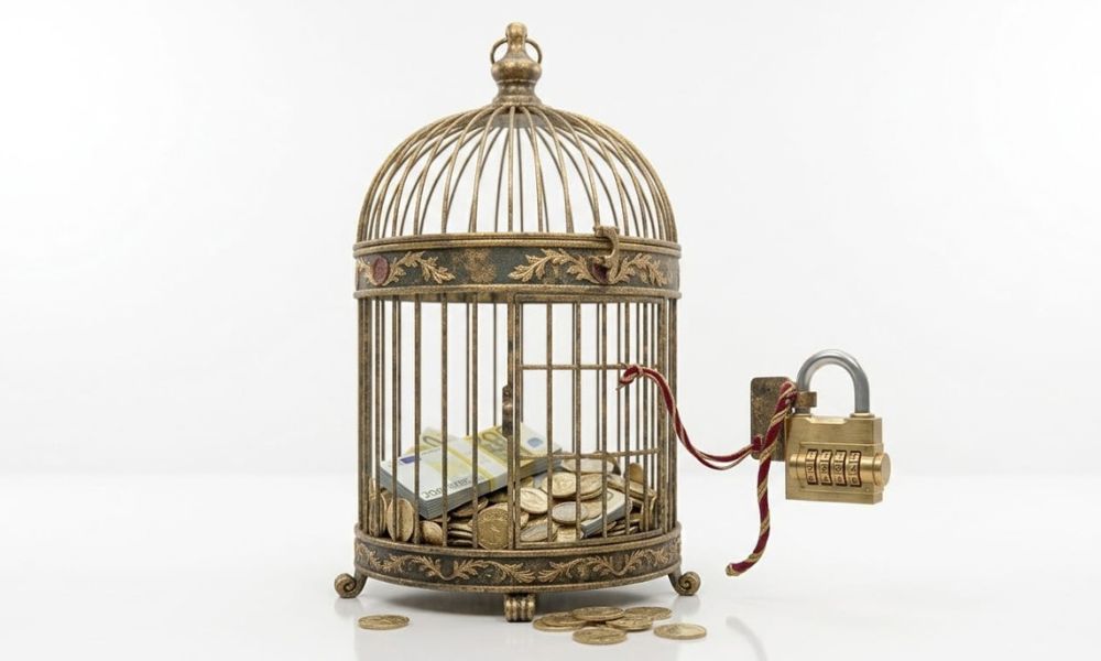 Gabbia dorata con banconote e monete chiuse a chiave, l'immagine di cosa può succedere quando ti convincono a cambiare polizza solo per far scattare di nuovo i costi