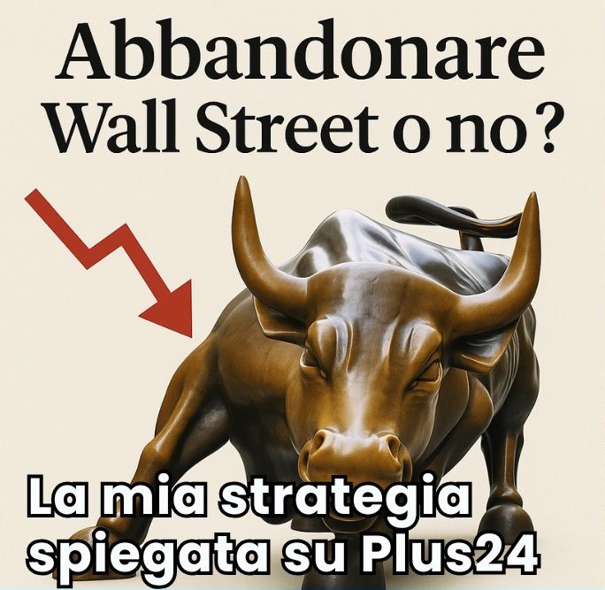 Toro di Wall Street con freccia rossa verso il basso, simbolo delle incertezze del mercato azionario USA e delle strategie di investimento