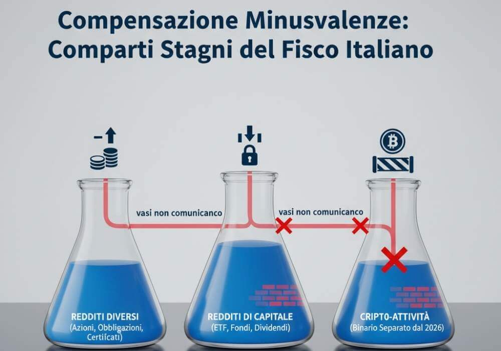 Schema compensazione minusvalenze: comparti stagni del fisco italiano tra redditi diversi, redditi di capitale e cripto-attività dal 2026