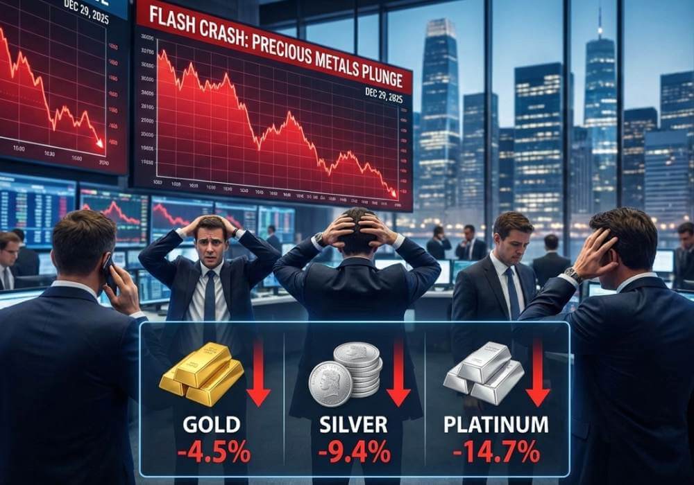 Flash crash dei metalli preziosi con crollo di oro, argento e platino e impatto sugli investimenti finanziari