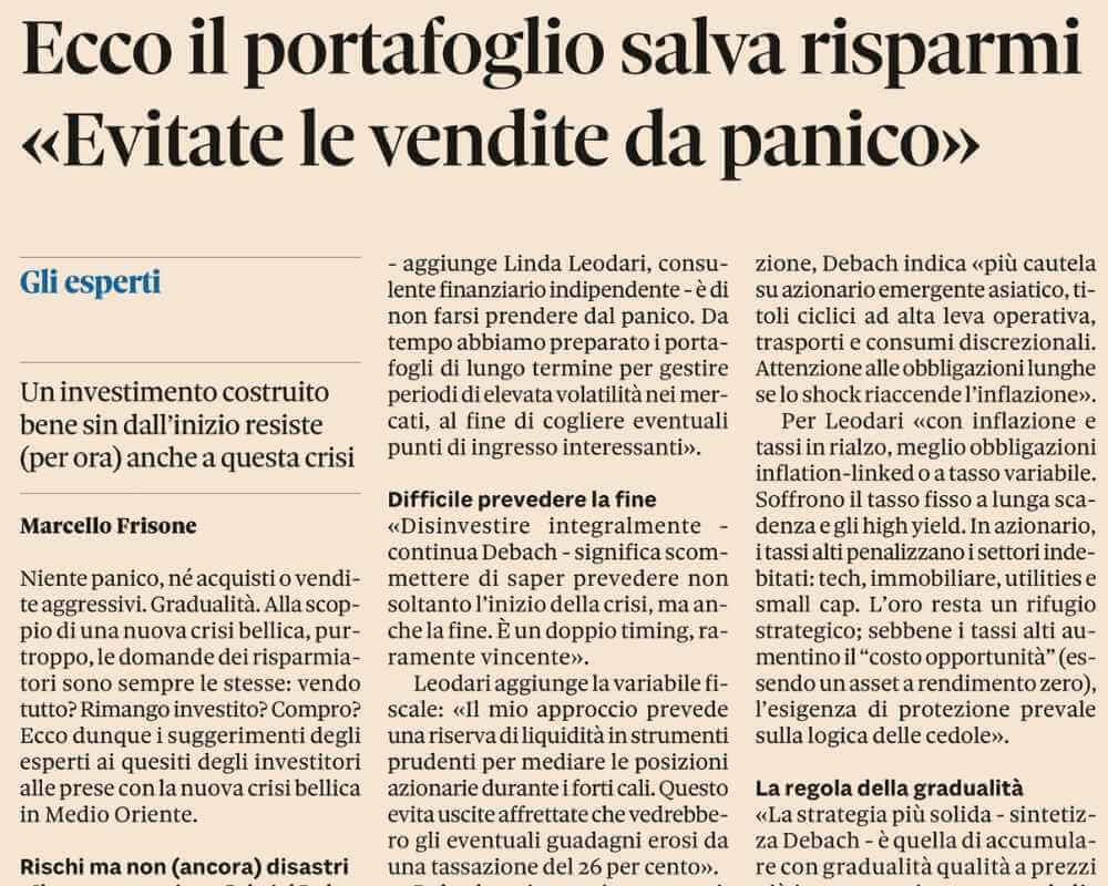 Articolo Plus24 Il Sole 24 Ore su guerra in Medio Oriente e mercati finanziari con intervento di Linda Leodari