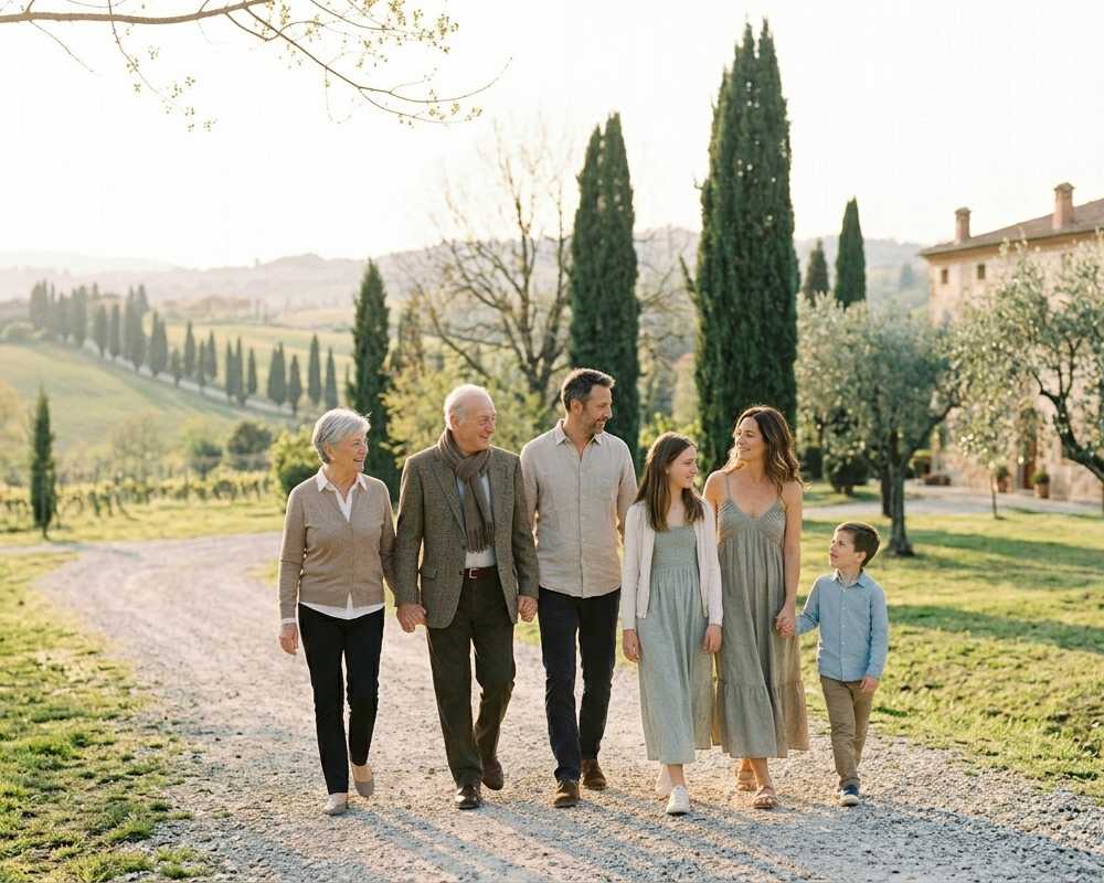 Famiglia con genitori anziani, figli e nipoti insieme in un contesto sereno, immagine che rappresenta la Generazione Sandwich e la pianificazione successoria del patrimonio familiare