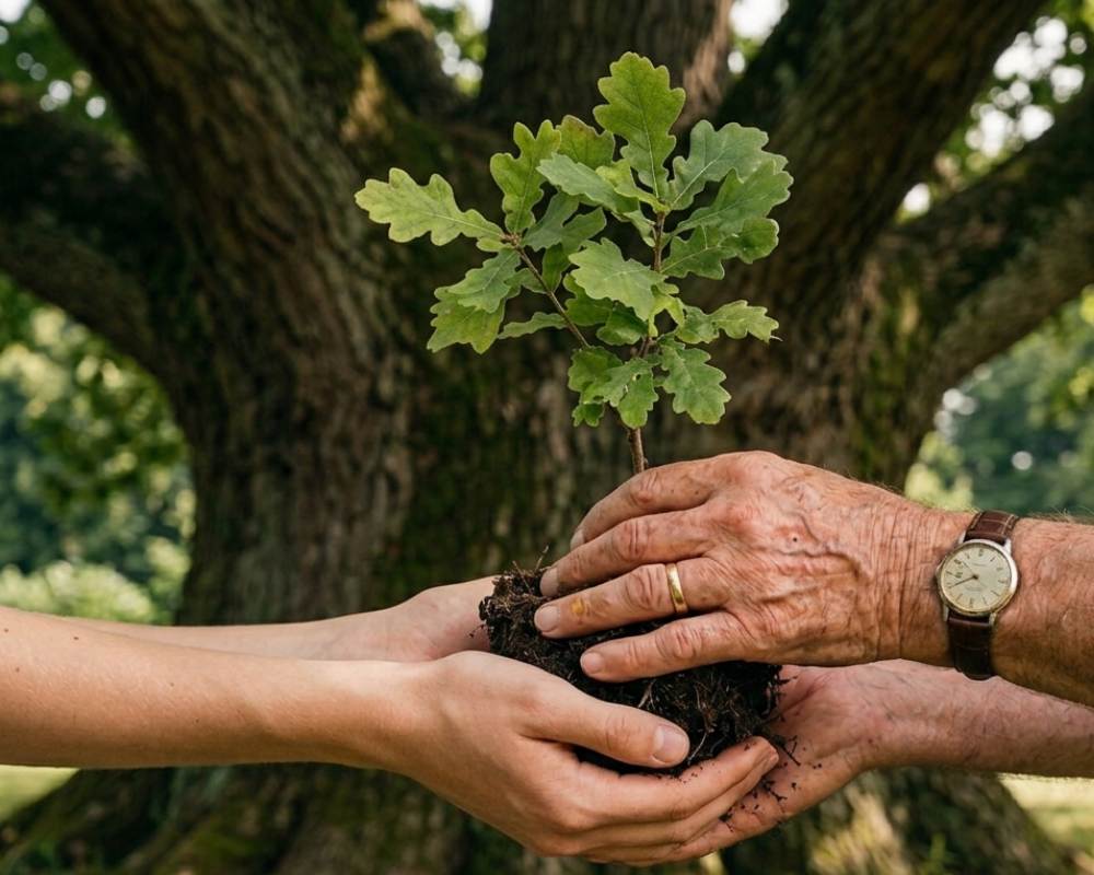 Passaggio generazionale del patrimonio familiare rappresentato da mani che si scambiano una giovane pianta
