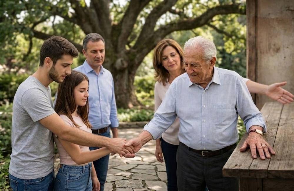 Famiglia riunita durante un momento simbolico di passaggio generazionale tra nonno, genitori e figli