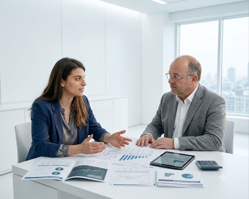 Consulente finanziaria indipendente spiega grafici e report a un cliente durante un incontro di pianificazione patrimoniale