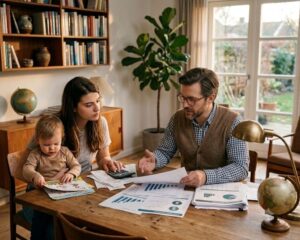 Donna con il bambino in braccio osserva grafici e documenti finanziari mentre il marito le mostra le carte: donne e soldi, la gestione del patrimonio in famiglia