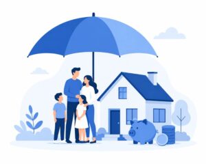 Illustrazione di una famiglia protetta da un ombrello, simbolo delle tutele assicurative in un piano finanziario