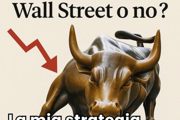 Toro di Wall Street con freccia rossa verso il basso, simbolo delle incertezze del mercato azionario USA e delle strategie di investimento