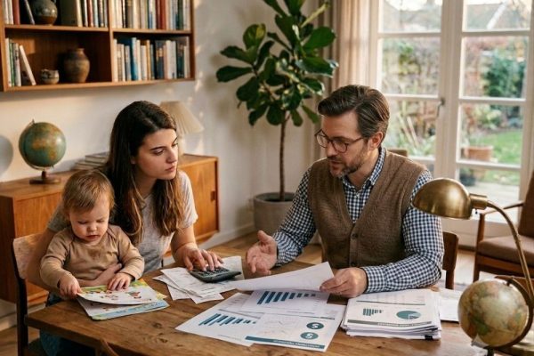 Donna con il bambino in braccio osserva grafici e documenti finanziari mentre il marito le mostra le carte: donne e soldi, la gestione del patrimonio in famiglia