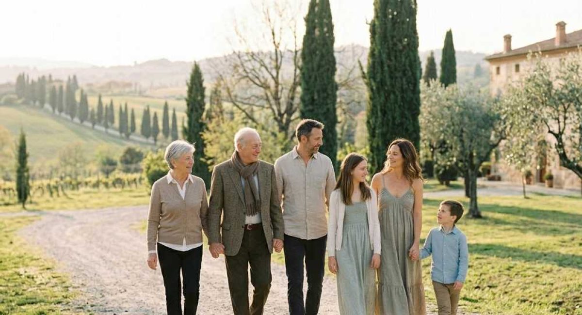 Famiglia con genitori anziani, figli e nipoti insieme in un contesto sereno, immagine che rappresenta la Generazione Sandwich e la pianificazione successoria del patrimonio familiare