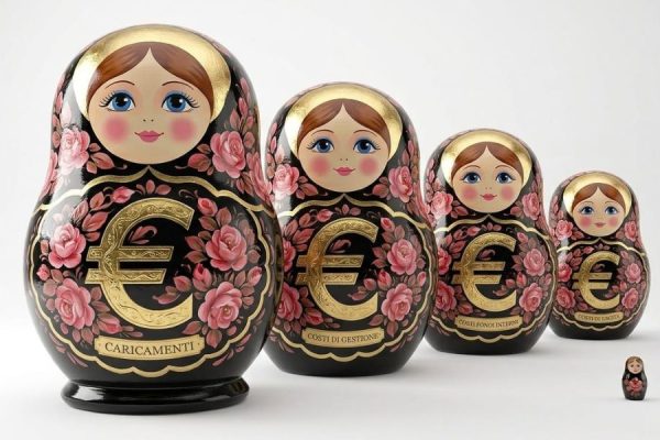 Bambole matrioska con il simbolo euro, una dentro l'altra, per chi vuole capire cosa significa davvero investire in polizza vita tra costi nascosti e livelli sovrapposti