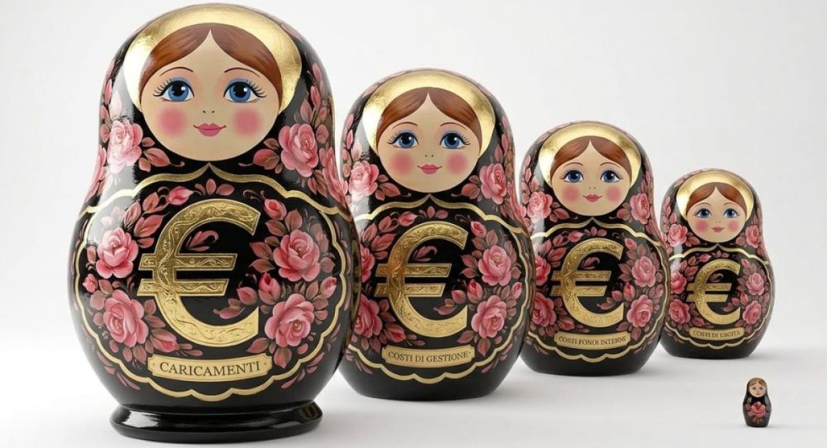 Bambole matrioska con il simbolo euro, una dentro l'altra, per chi vuole capire cosa significa davvero investire in polizza vita tra costi nascosti e livelli sovrapposti