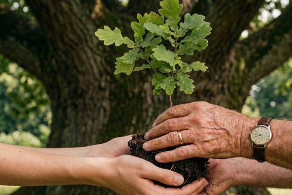 Passaggio generazionale del patrimonio familiare rappresentato da mani che si scambiano una giovane pianta